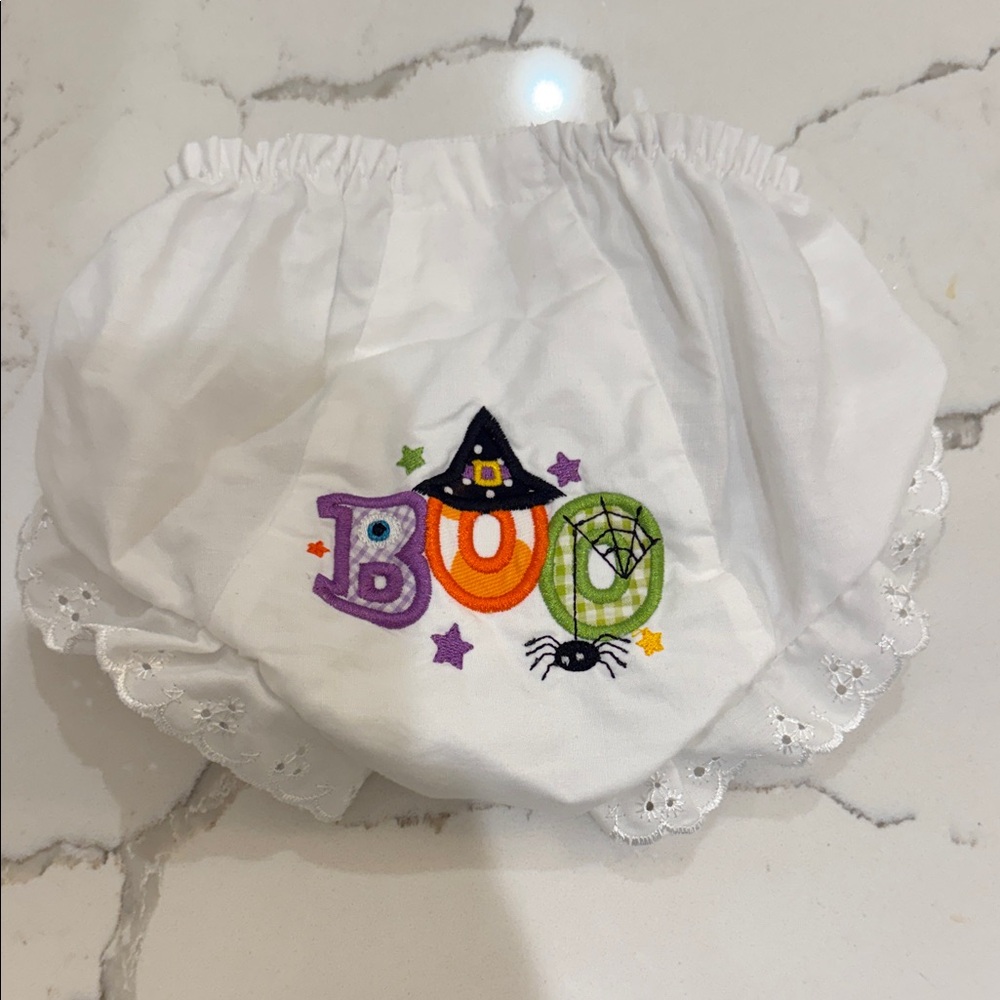 White Halloween Boo Baby Bloomers with Eyelet Detail Size 2